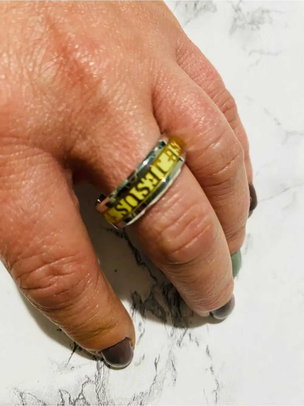Yellow 'JESUS' Stainless Steel Men's Spinner Ring NWOT